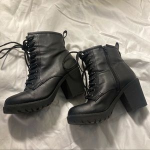 Chunky heel black boot lace zip moto ankle booties